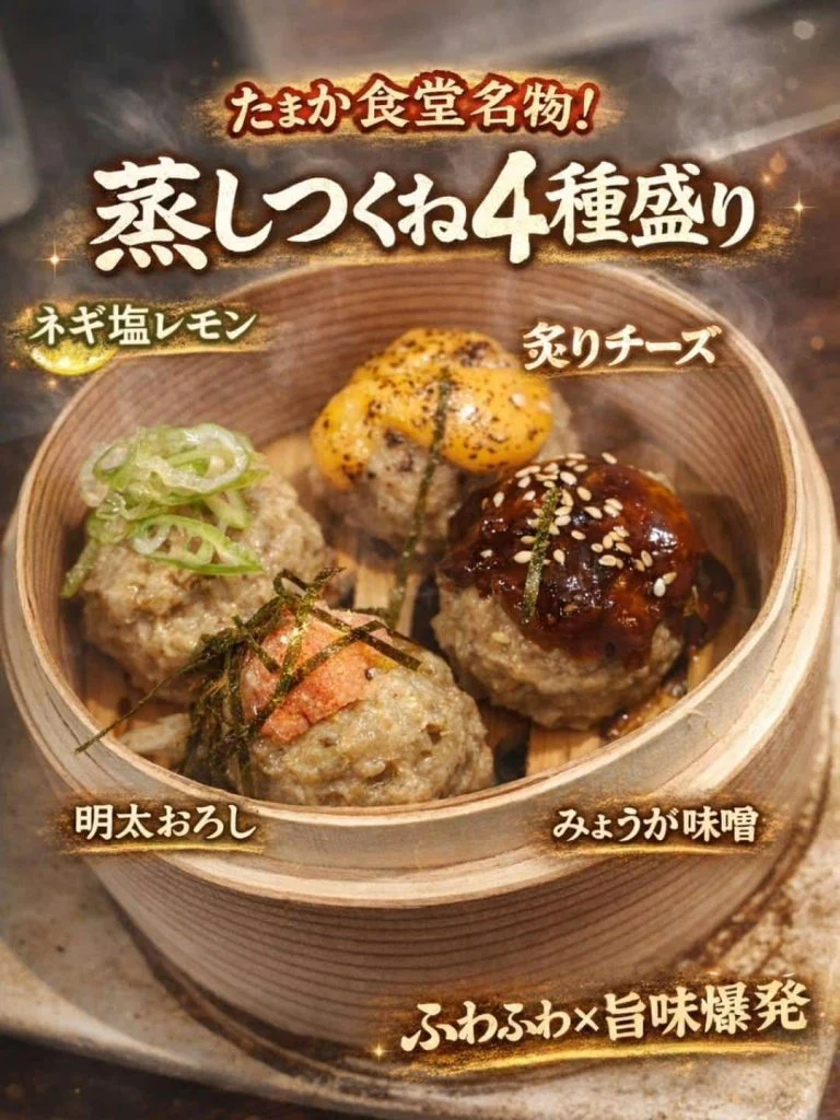 たまか食堂名物　蒸しつくね4種盛り　蒲田居酒屋/蒲田歓迎会/蒲田貸切/蒲田飲み会/蒲田日本酒/蒲田鮮魚