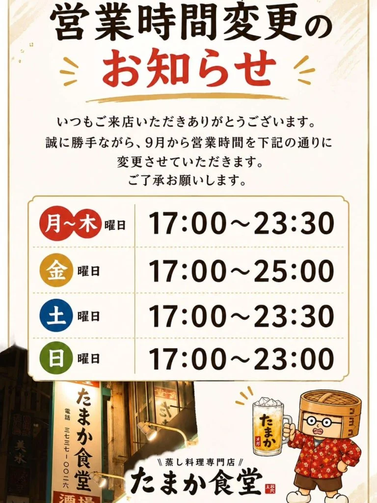 営業時間変更のお知らせ　蒲田居酒屋/蒲田歓迎会/蒲田貸切/蒲田飲み会/蒲田日本酒/蒲田鮮魚